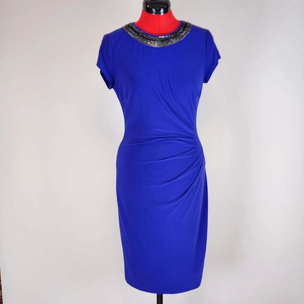 Cache Royal Blue Cocktail Dress Size M Metallic Chain Neckline Bodycon Midi